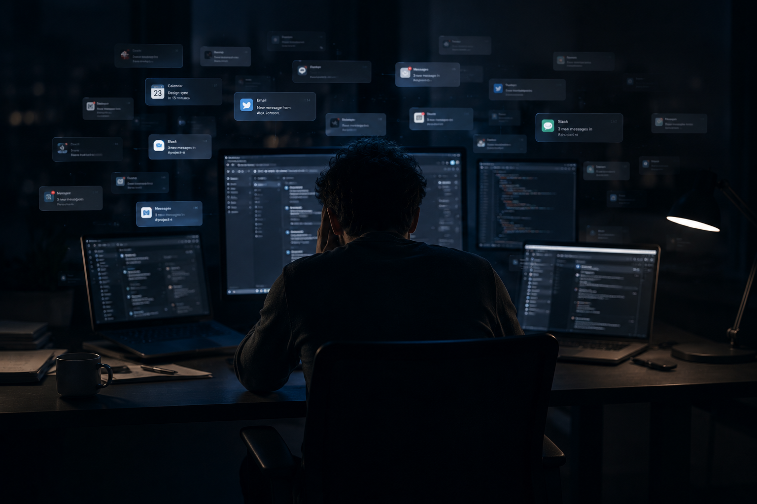 Personne face à plusieurs écrans et notifications dans un bureau sombre