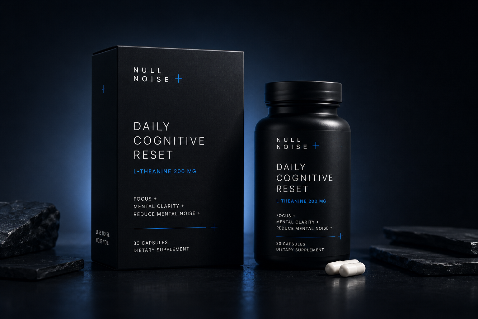 Packshot Null Noise Daily Cognitive Reset avec bouteille noire, boîte noire et gélules blanches